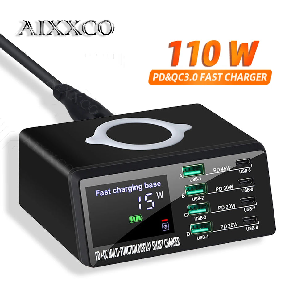 Станция зарядки беспроводного зарядного устройства 110W Quick Charge USB Adapter PD USB C Fast Phone Charger для iPhone 13 12 iPad Xiaomi