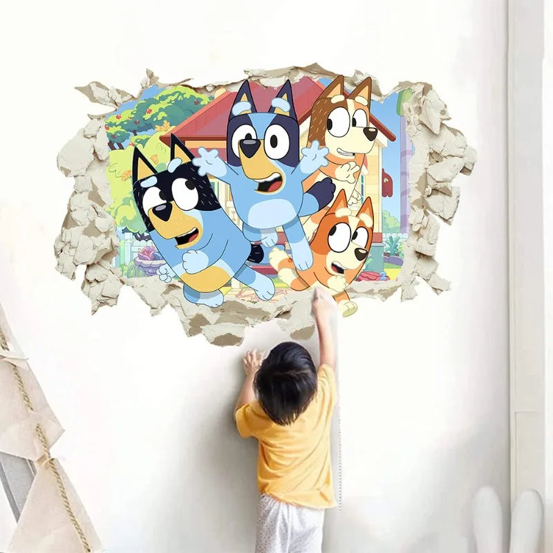 New Bluey Cartoon Anime Children's Wall Sticker Self-adhesive Broken Wall Sticker PVC Poster Bedroom Room 3D Wall Decoration