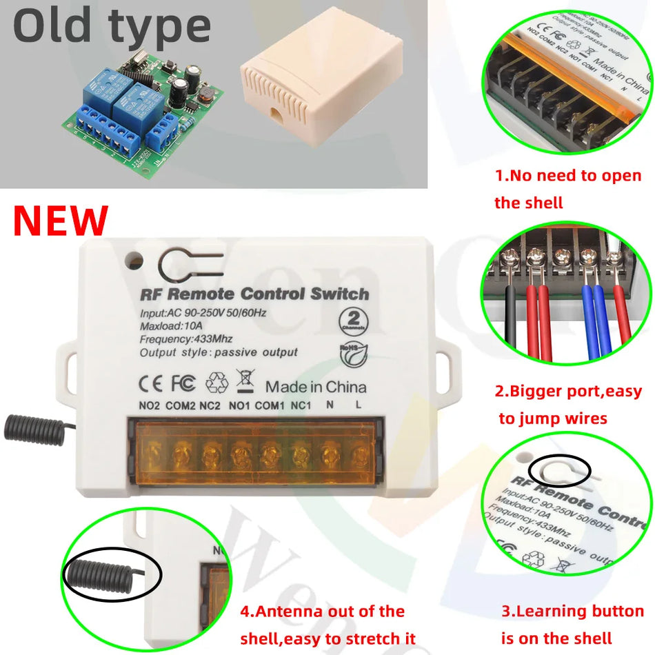 Wenqia 110V 220V 240V RF Garagentor -Fernbedienung 433 MHz Wireless Switch 10A 2Ch Relaisempfängermodul für Licht/Gate/DIY