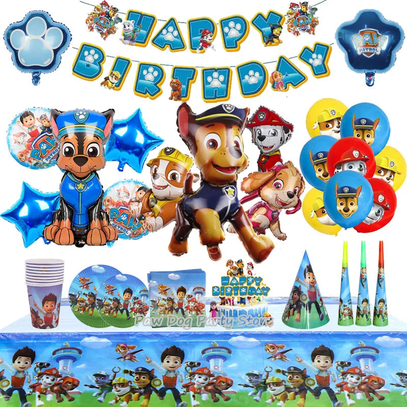 Paw Patrol Geburtstagdekoration Folie Ballon Einweggeschirr Set Hunde Chase Marshall Skye für Kinder Geburtstagsfeier Vorräte