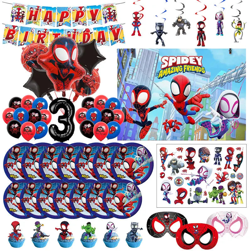 🔵 Spidey And His Amazing Friends Birthday Decorations Tablecloth Tableware Balloons Party Supplies Paper Cups Plates Kids Gifts