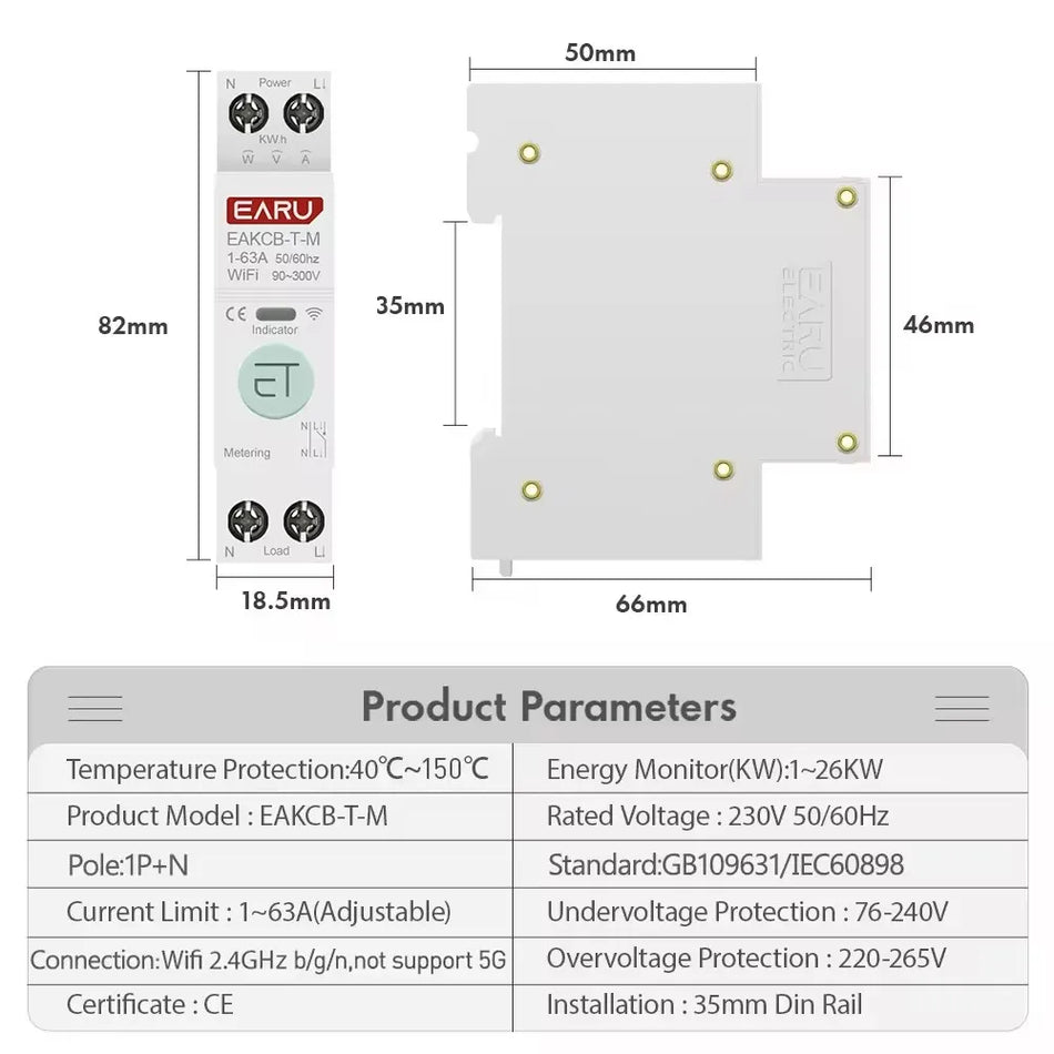 Tuya WiFi Smart Circuit Breaker mit Fernbedienung und Energieüberwachung