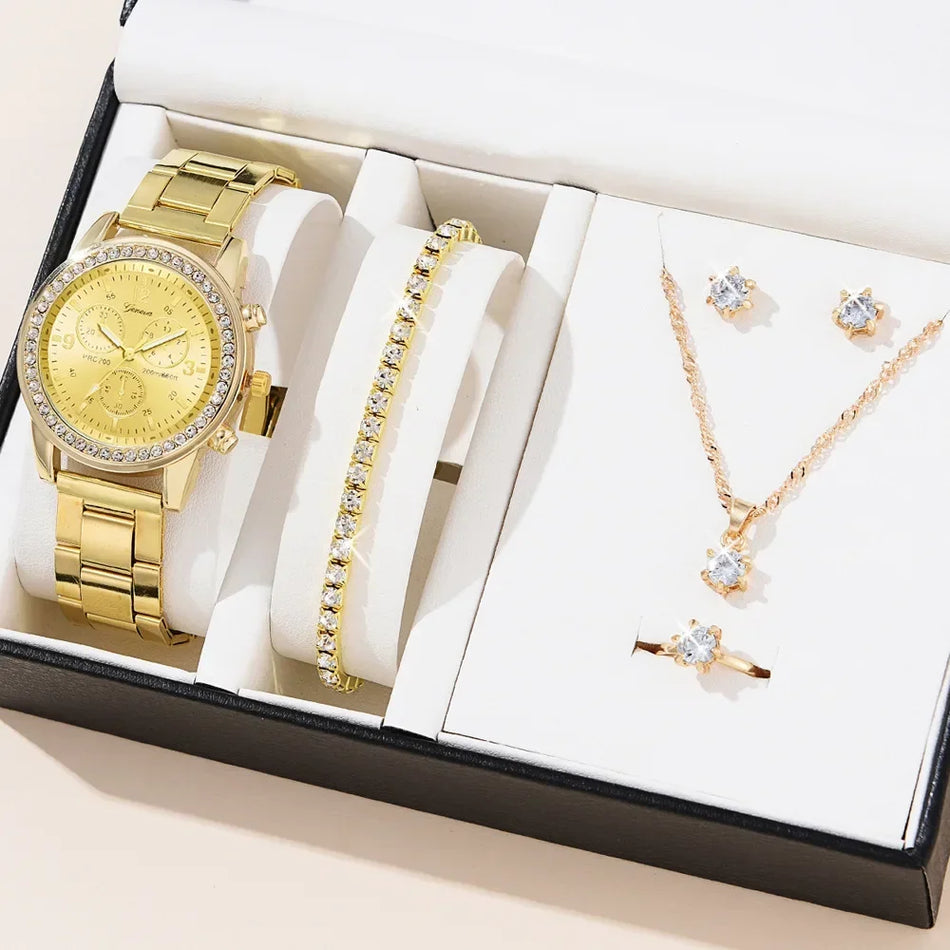 Moonbiffy Luxury Damens Quartz Uhr mit Diamantakzenten und passenden Schmuckset