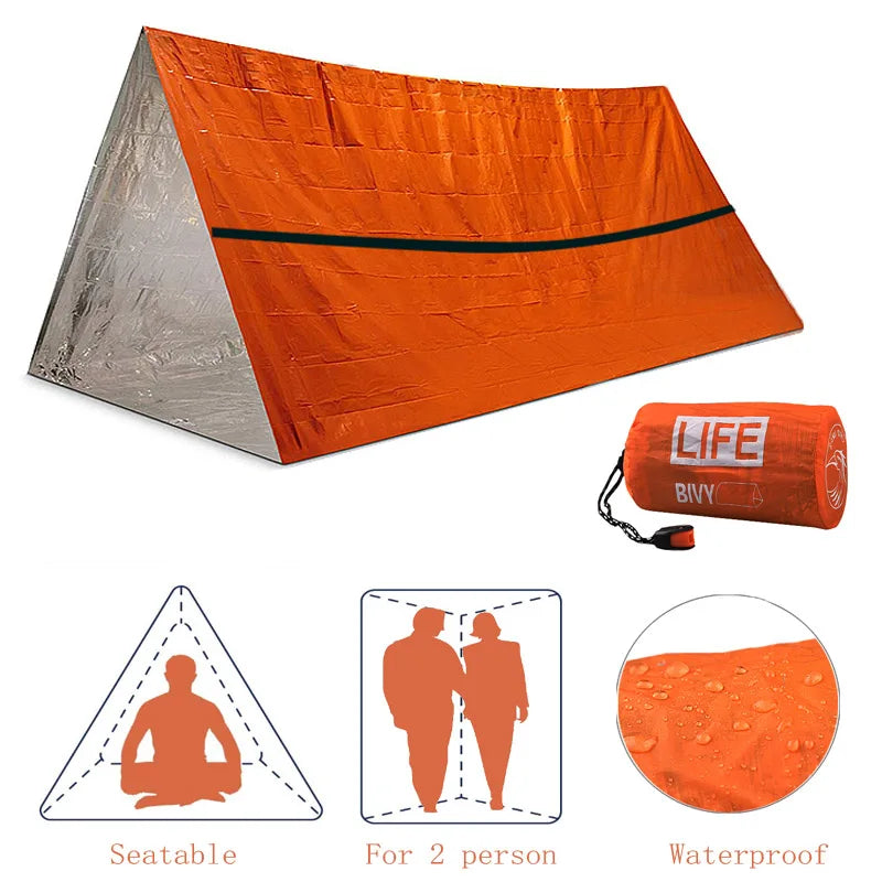 2-Person Emergency Shelter & Sleeping Bag Kit 🌟 Waterproof Thermal Blanket, SOS Tube Tent, Whistle 🏕