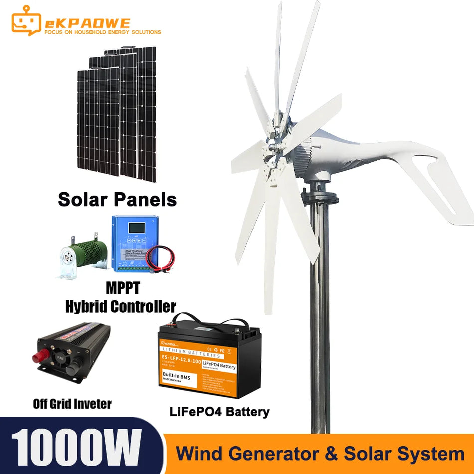 1000W Wind -Turbinengenerator mit Solarpanel -Netzteil Kit