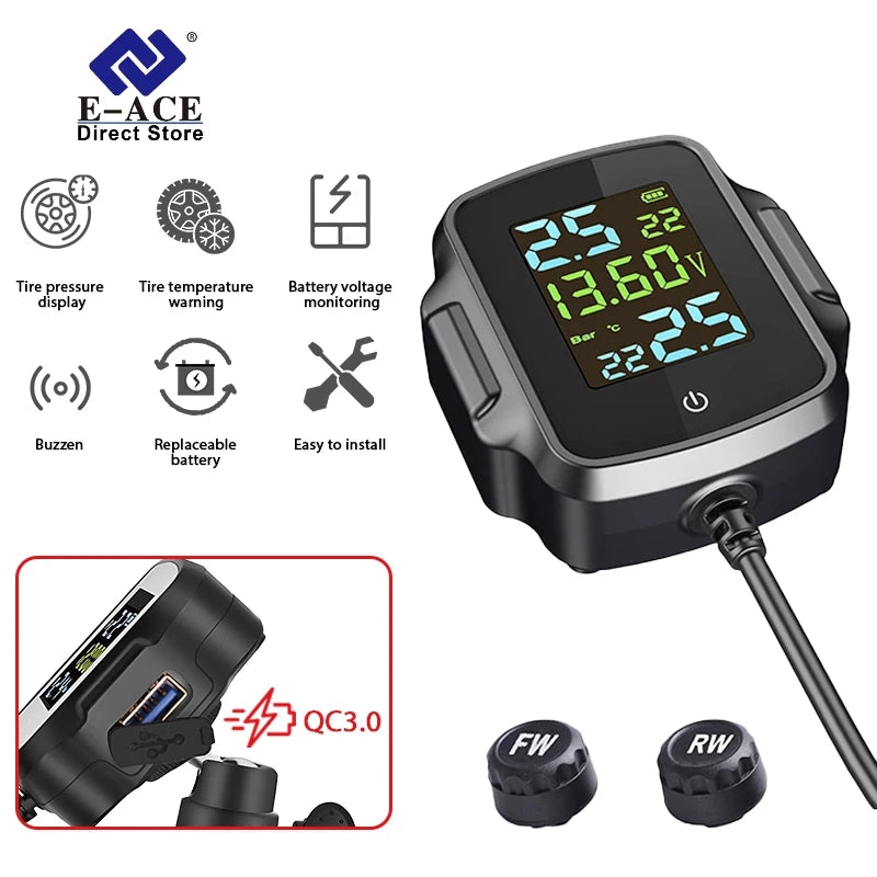 E-ACE K05 Motorbike TPMS With QC 3.0 USB Output Motorcycle Tire Pressure Alarm Monitor System Motorcycle accessories