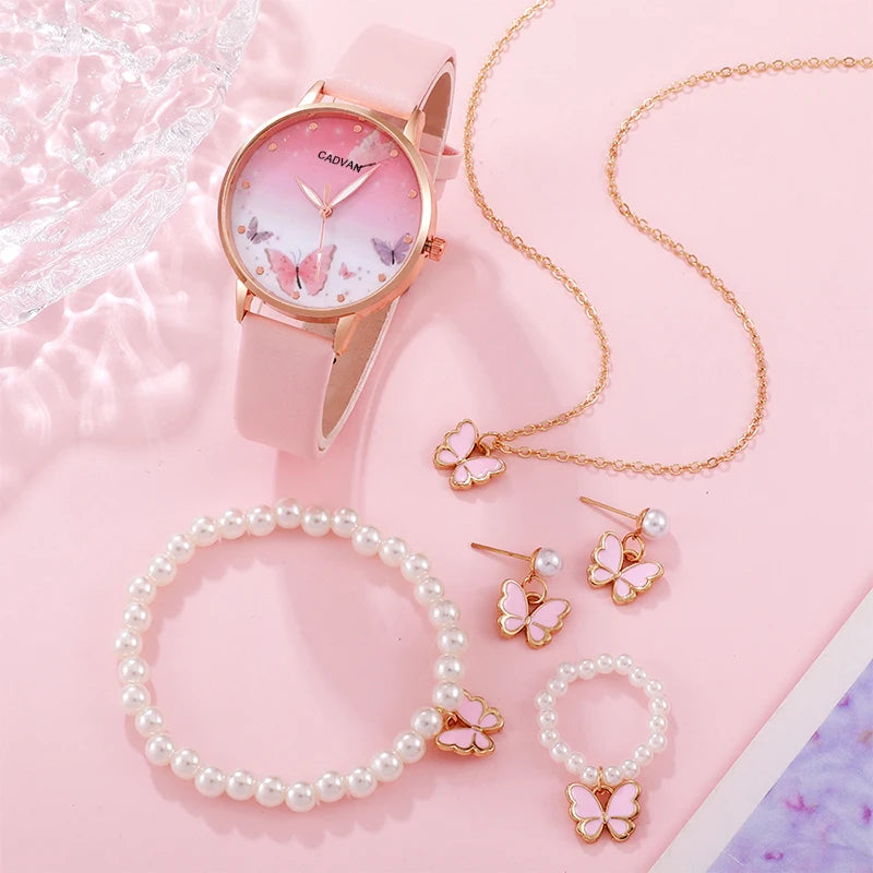 Eleganter Frauenquarz -Uhr -Set mit rosa Schmetterlingsschalter und Lederband