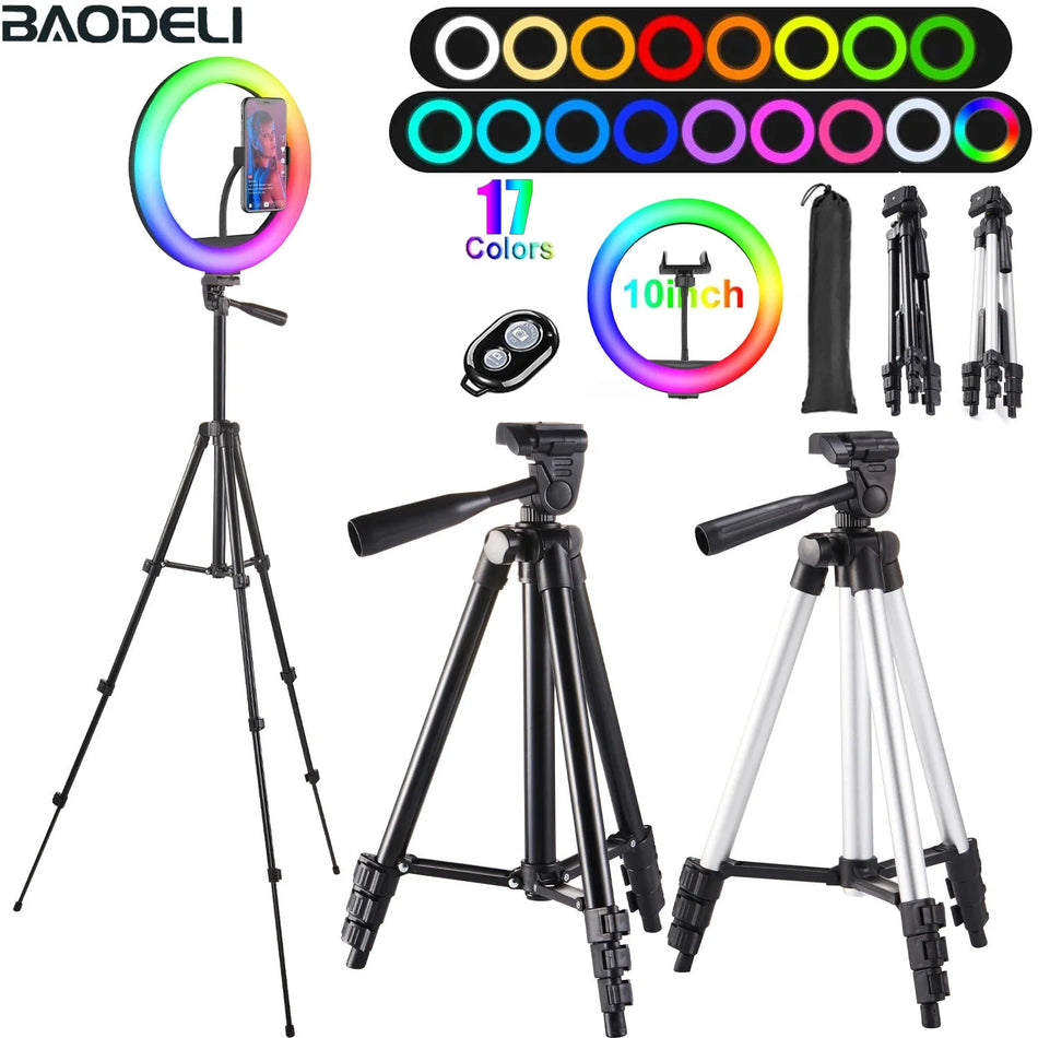 BAODELI 10in RGB Selfie Ring Light Stativ med 18 lysindstillinger 