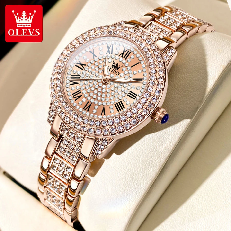 Olevs Damen Uhren Mode Original Quarzgelenk Uhr für Damen Römische Zifferblatt schillernden Diamant wasserdicht leuchtend Luxus Neu