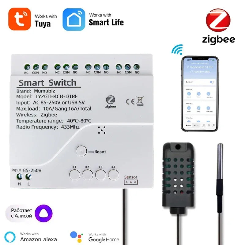 Mumubiz Zigbee 4 Gang Smart Switch mit Temperatur- und Feuchtigkeitssensor