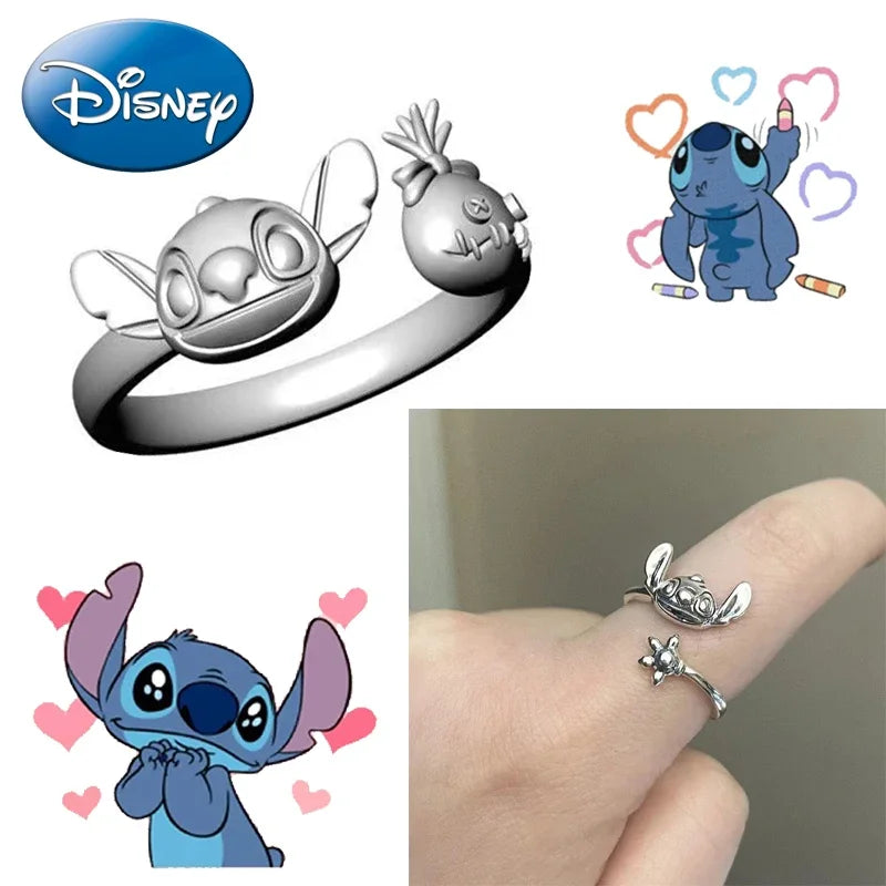 🔵 Disney Lilo & Stitch 925 Gümüş Yüzük - Ayarlanabilir Kawaii Karikatür Karakter Mickey Hediyesi - Kıbrıs