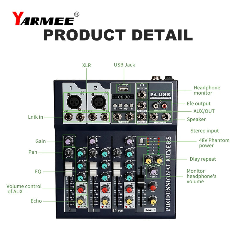 Yarmae ​​Bluetooth 4-Kanal-Audio-Mixer mit USB-Rekord- und Karaoke-Verstärkersystem 🎵