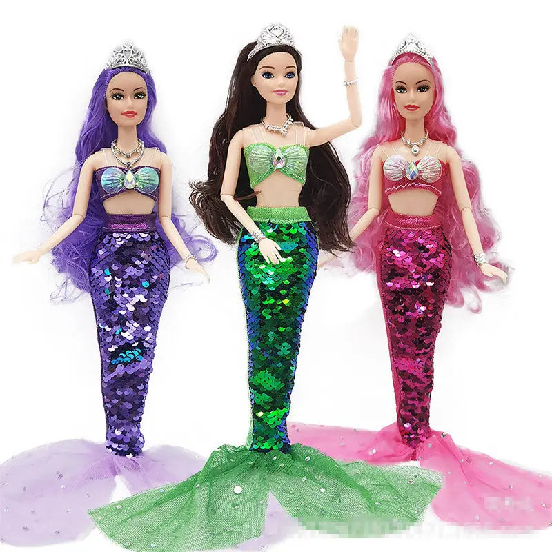 🔵 11 Inch Mermaid Doll Full Set Multi Joints Movable 30cm Height Doll with Sequin Skirt Suit Girls Dress Up Toys
