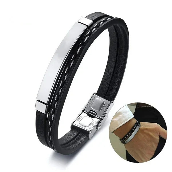 Delysia King Trendy Men's Leather & Stainless Steel Weave Bracelet