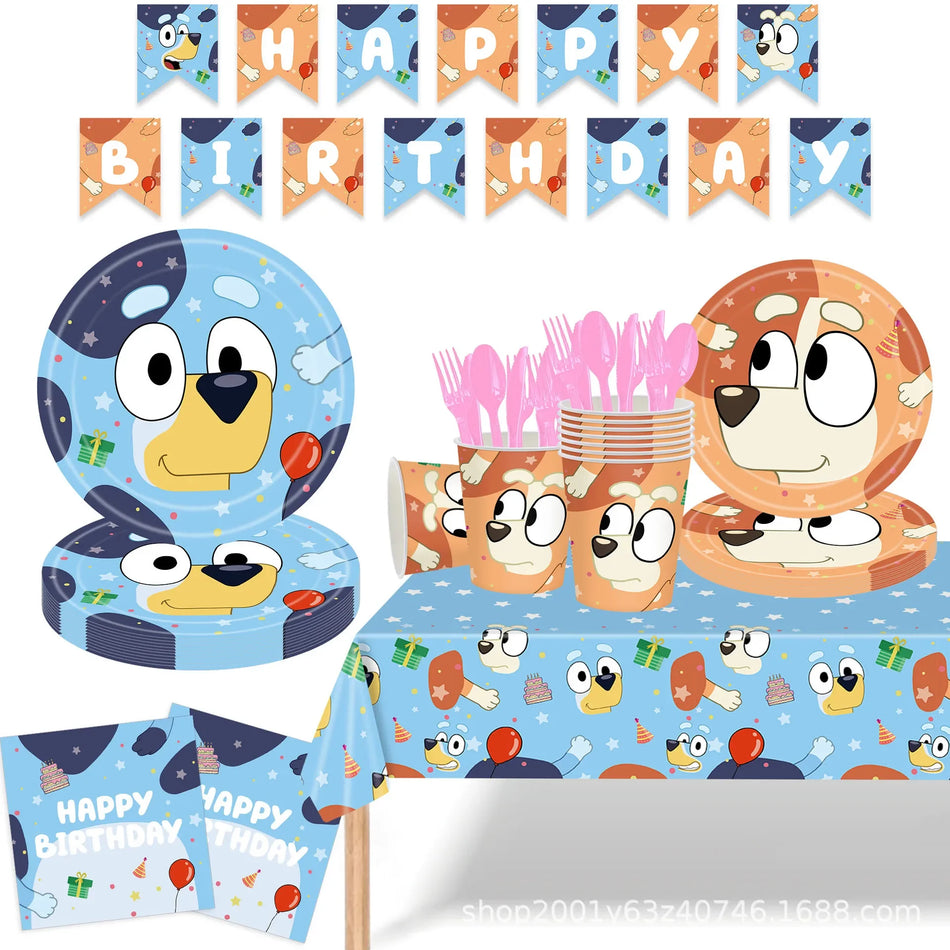 🔵 Голубая собачья посуда мультфильм Bingos Blueys Cups Plates Tablecloth Flag Balloon Set Tablecloth Baby Show