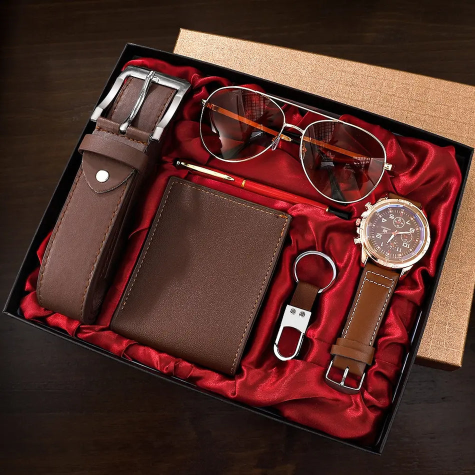 Shaarms Männer Luxus 6-in-1-Geschenkset: Uhr, Brille, Stift, Schlüsselbund, Gürtel und Brieftasche