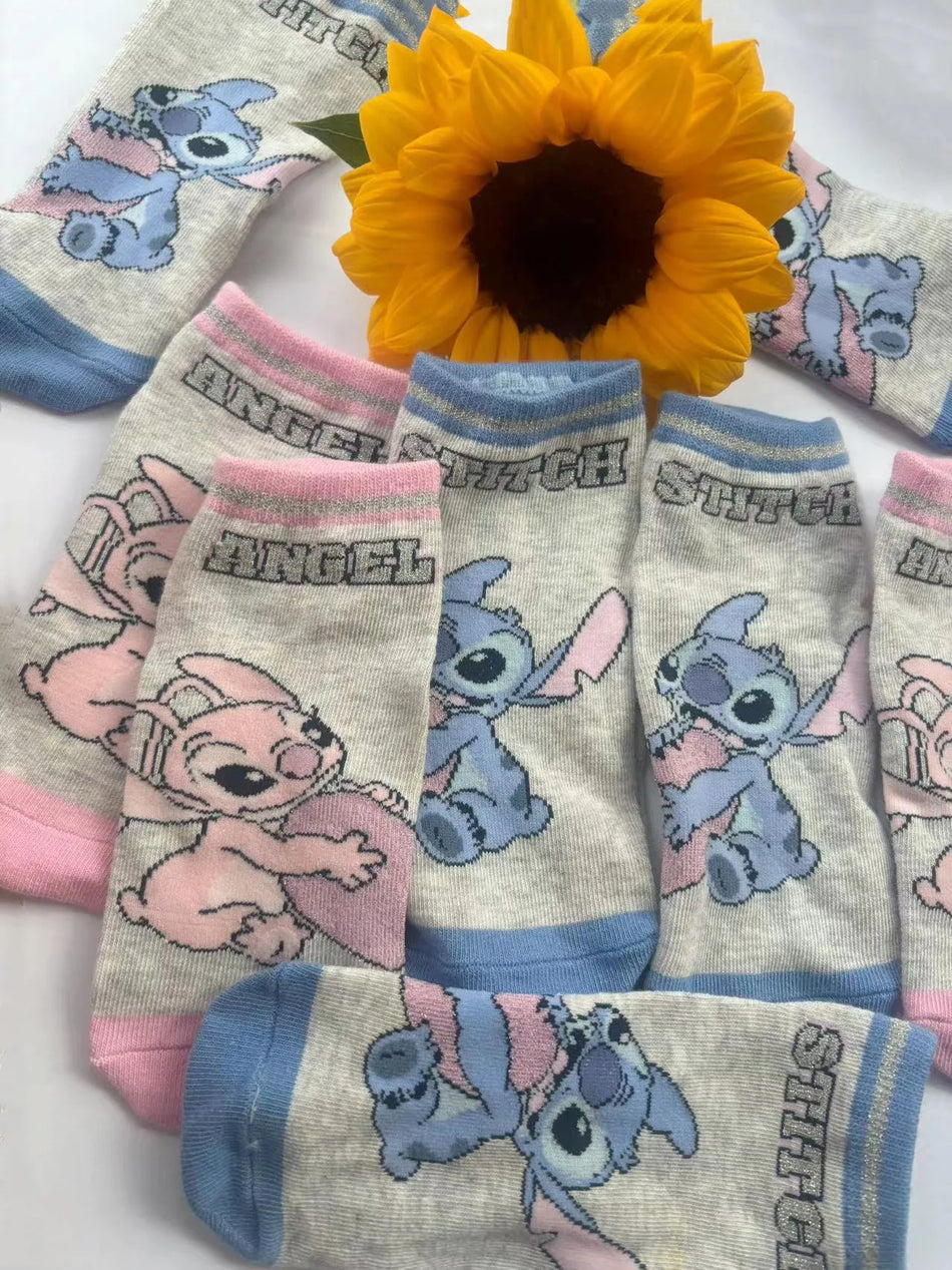 Disney Stitch Kawaii pamuk ayak bileği çorapları - çocuklar ve yetişkinler için 5 çift