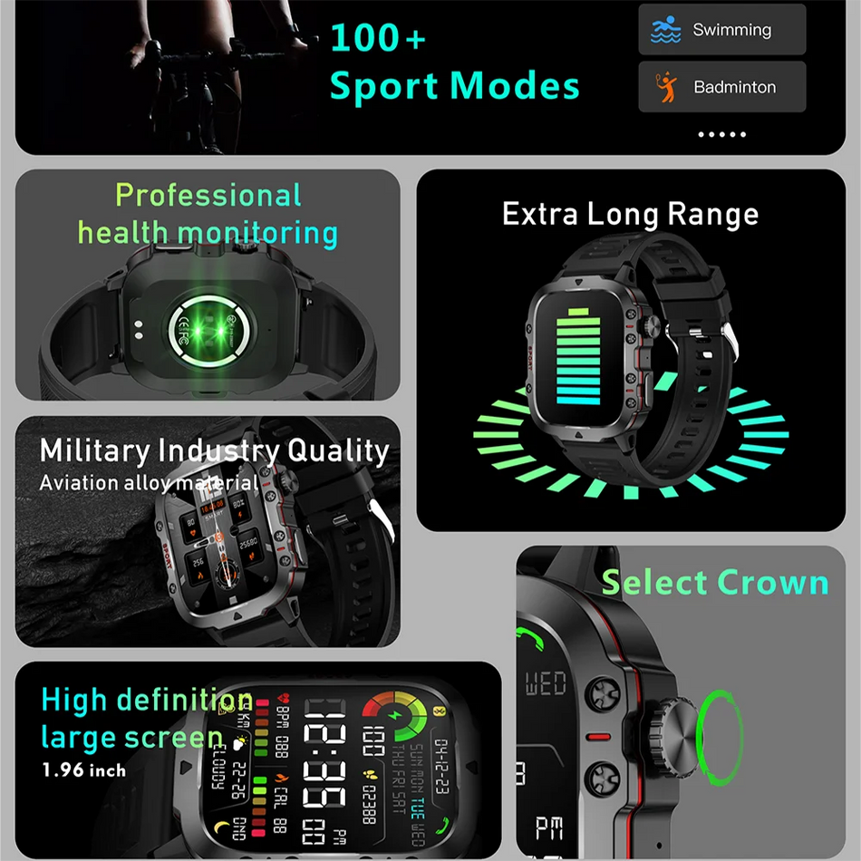 Crtorrs Military Smart Watch - Bluetooth Call & Fitness Tracker, αδιάβροχο, παρακολούθηση καρδιακών ρυθμών