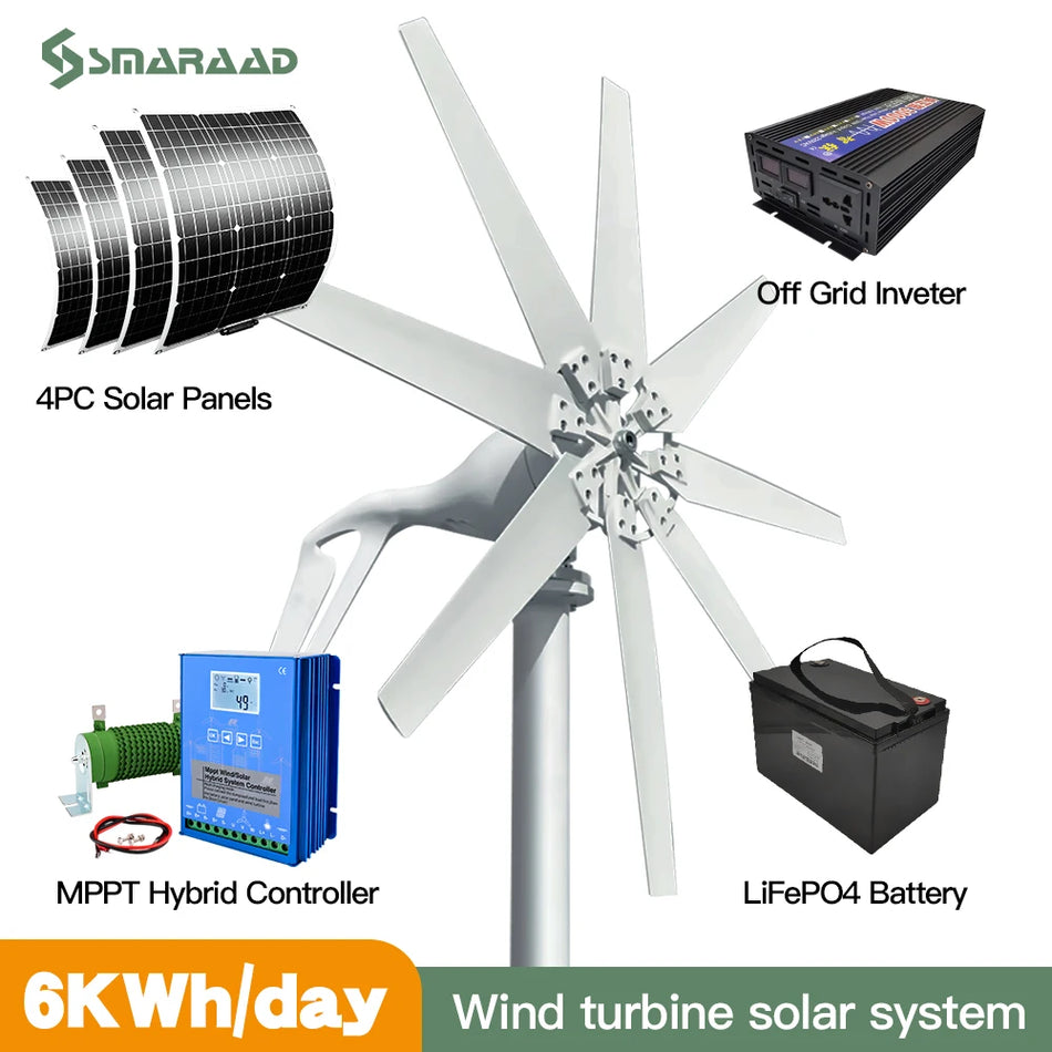 6kW Horizontal Wind Turbine System with Controller and Solar Panels for Home Energy