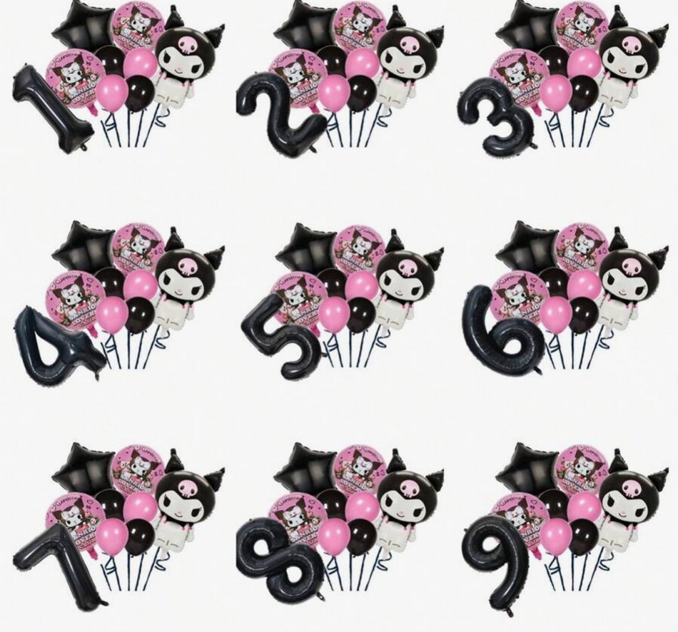 9pcs (1 Set) Ballons de fête d'anniversaire thème dessin animé noir et rose, ballons en aluminium Kuromi numéros 1-9, étoiles noires et roses et ensemble de ballons pour décorations de fête d'anniversaire 