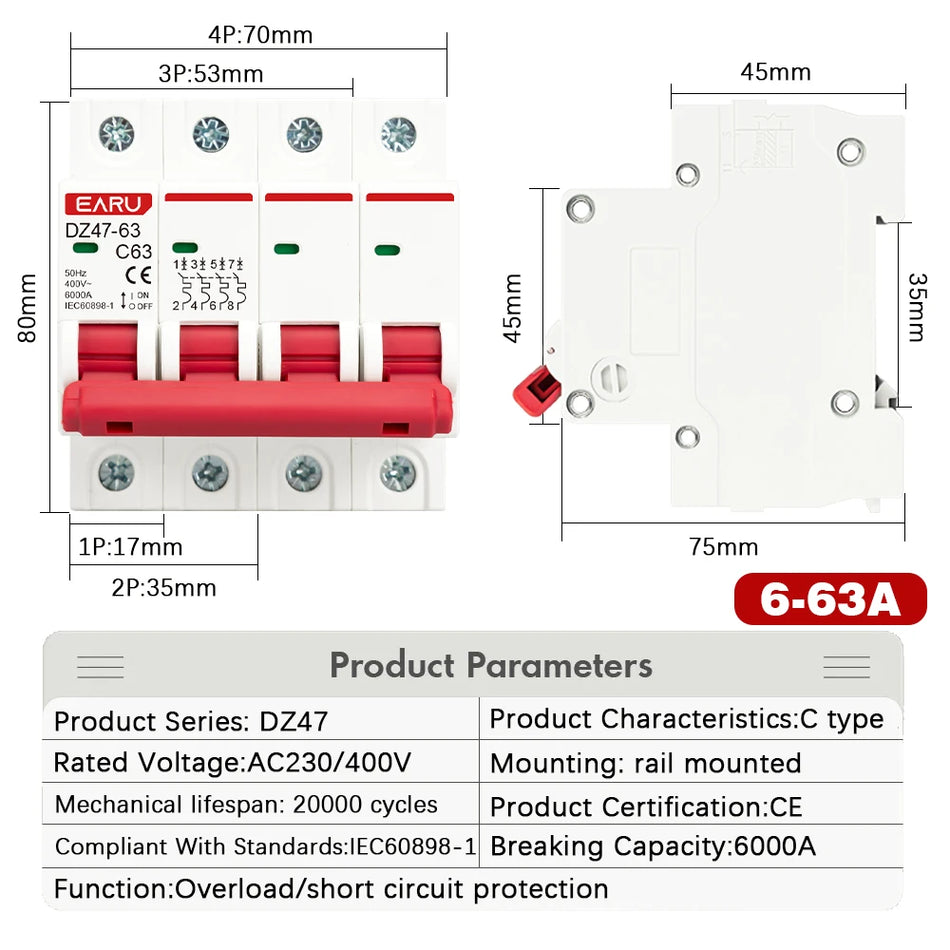 Ohrueletrische DZ47 400V Mini-Leistungsschalter-1-4p, 3-125A, C-Typ, 6Ka-Kapazität