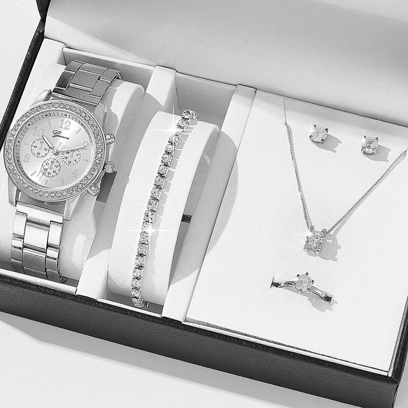 MOONBIFFY Luxury Women’s Quartz Watch with Diamond Accents and Matching Jewellery Set