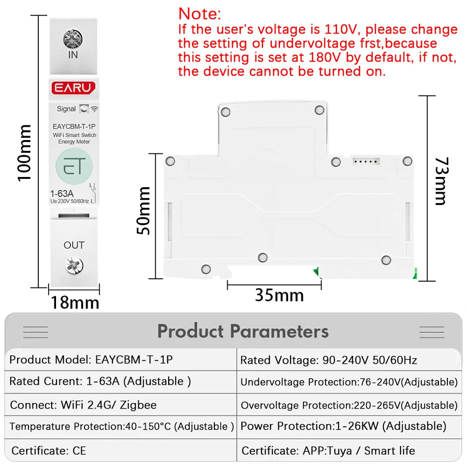 Tuya WiFi Zigbee Smart Circuit Breaker 1P+N 63A مع جهاز التحكم عن بعد ومراقبة الطاقة