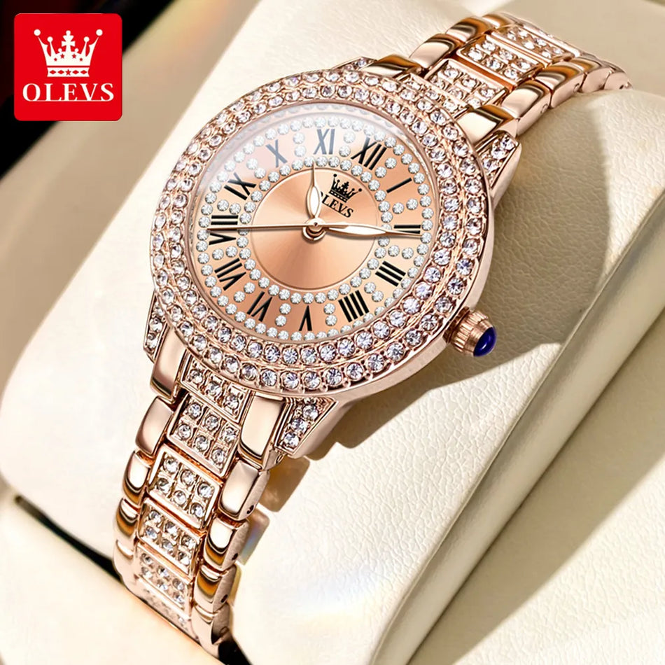 Olevs Damen Uhren Mode Original Quarzgelenk Uhr für Damen Römische Zifferblatt schillernden Diamant wasserdicht leuchtend Luxus Neu