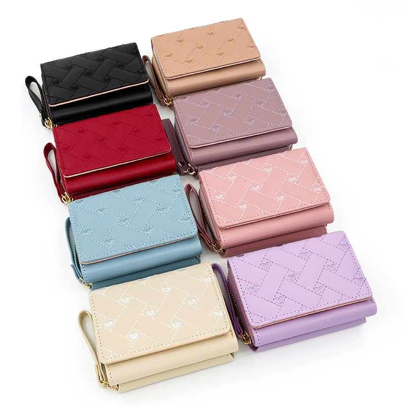 Korean Minimalist Embroidered Love Pattern Tri-Fold PU Wallet for Women