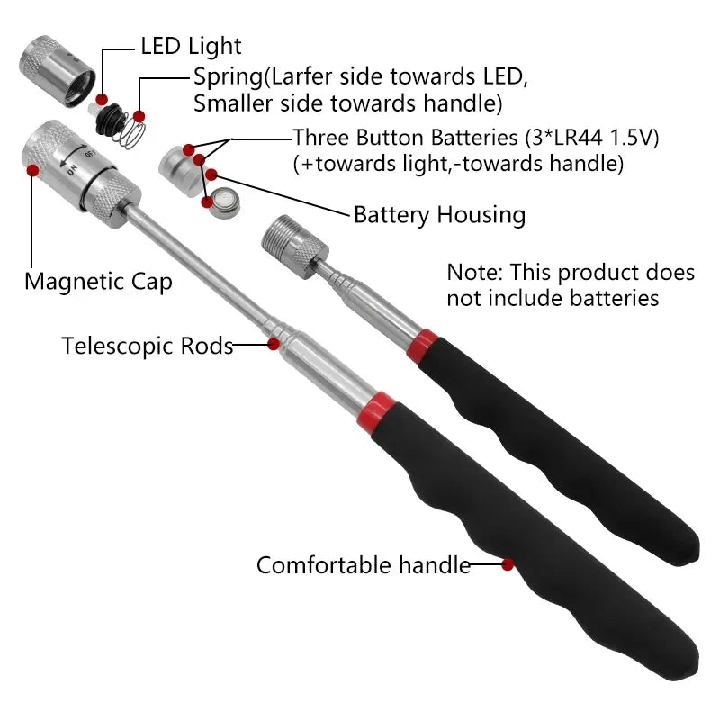 Telescopisch einstellbare Magnet-Aufnahmemoption Magnetisch Teleskop-Magnet Grip Long Pen Teleskop-Magnetstift mit LED-Licht