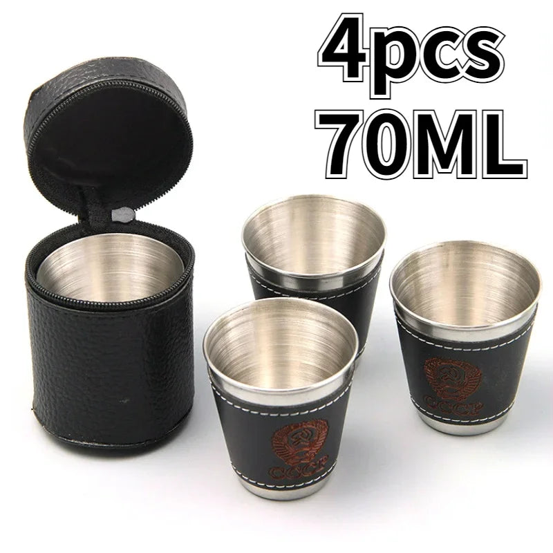 PU Deri ile Set Paslanmaz Çelik Seyahat Bardakları - 4pcs Açık Mekan Kamp Sofra Takımı 🏕️