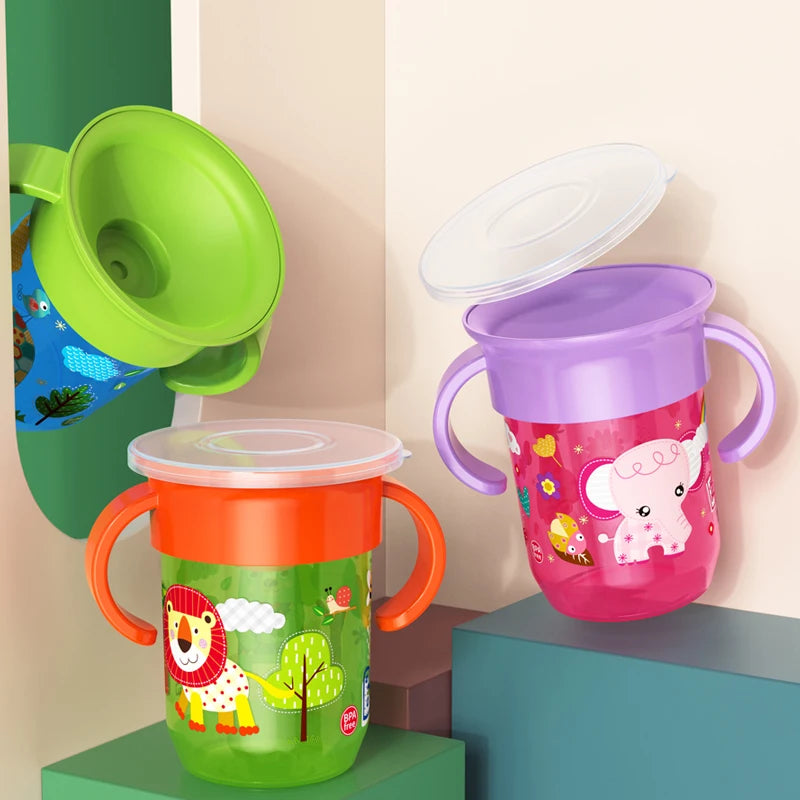 360 rotiertes Cartoon Baby -Lernen Trinkbecher mit Doppelgriff Flip Deckelleckfeste Säuglingsbecher Flasche BPA kostenlos mit Deckel