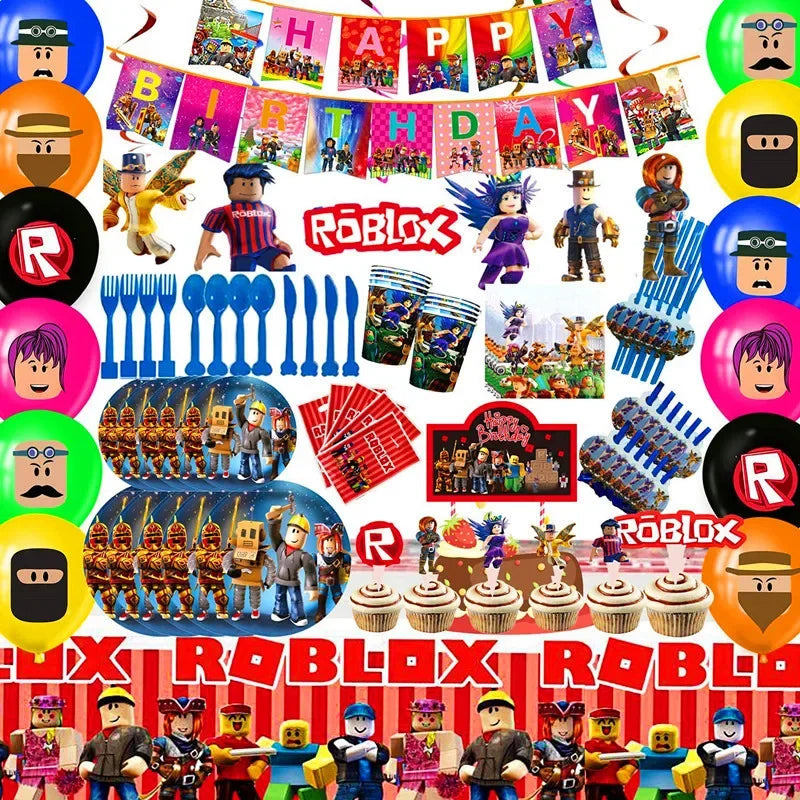 Ensemble d'approvisionnement de Roblox Party avec une bannière, un gâteau, des ballons et des drapeaux