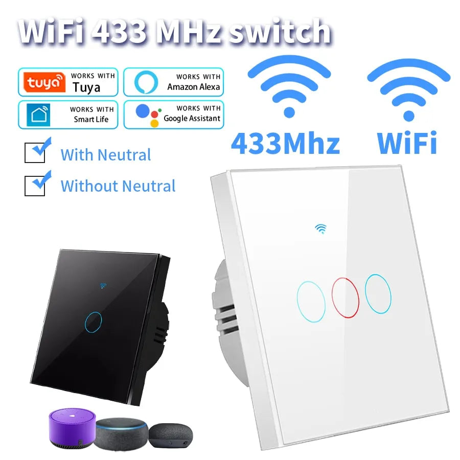 Tuya WiFi Smart Switch Works With Alexa No Neutral Wire Wireless RF433Mhz Remote Wall Touch Sensor Lightes Switch 1/2/3Gang