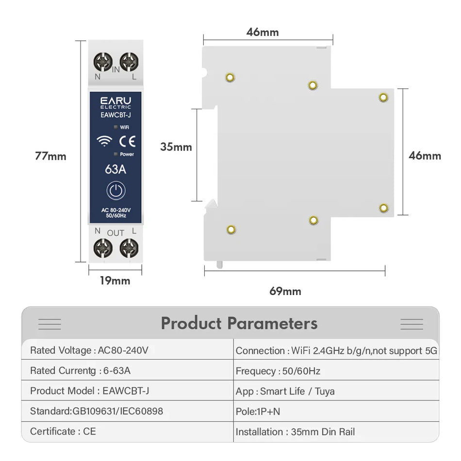 Tuya WiFi Smart Circuit Breaker με χρονοδιακόπτη και φωνητικό έλεγχο, 63A