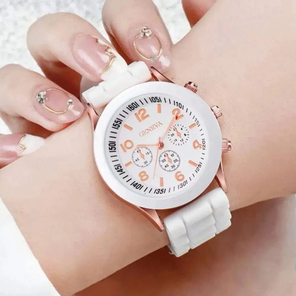 Elegant Women's White Silicone Quartz Watch Set