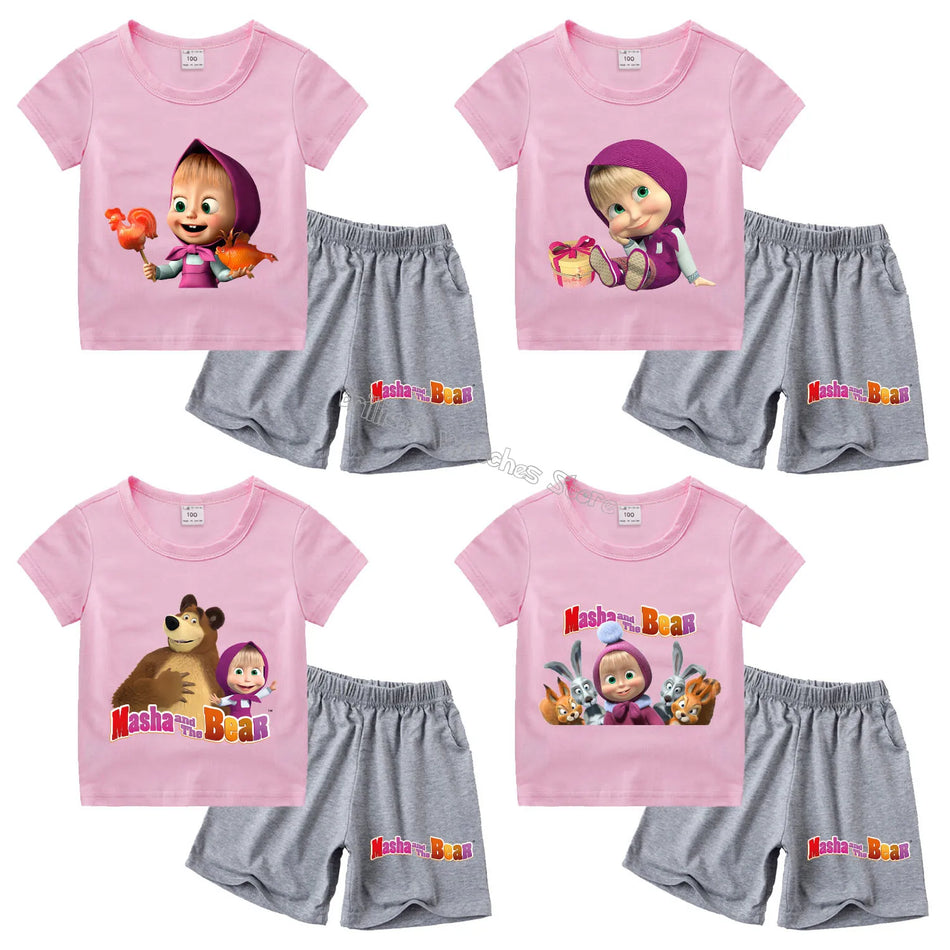 🔵 Mashas και το Bear T -Shirt & Shorts Set - Cartoon Summer Pajamas - Παιδιά Δώρο - Κύπρο