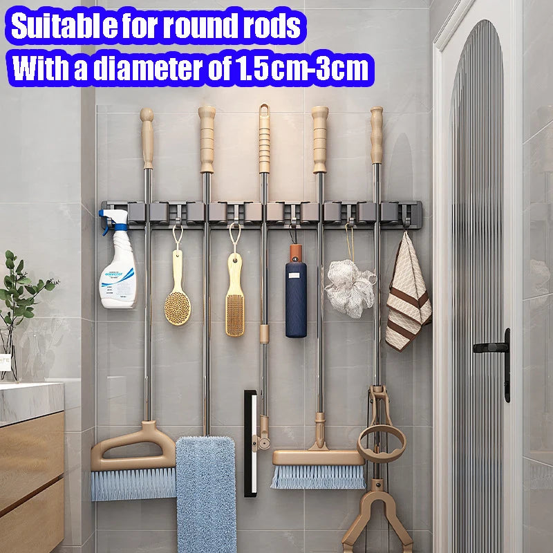 No punching aluminum alloy mop rack bathroom wall broom hanger wall-mounted mop clip hook buckle