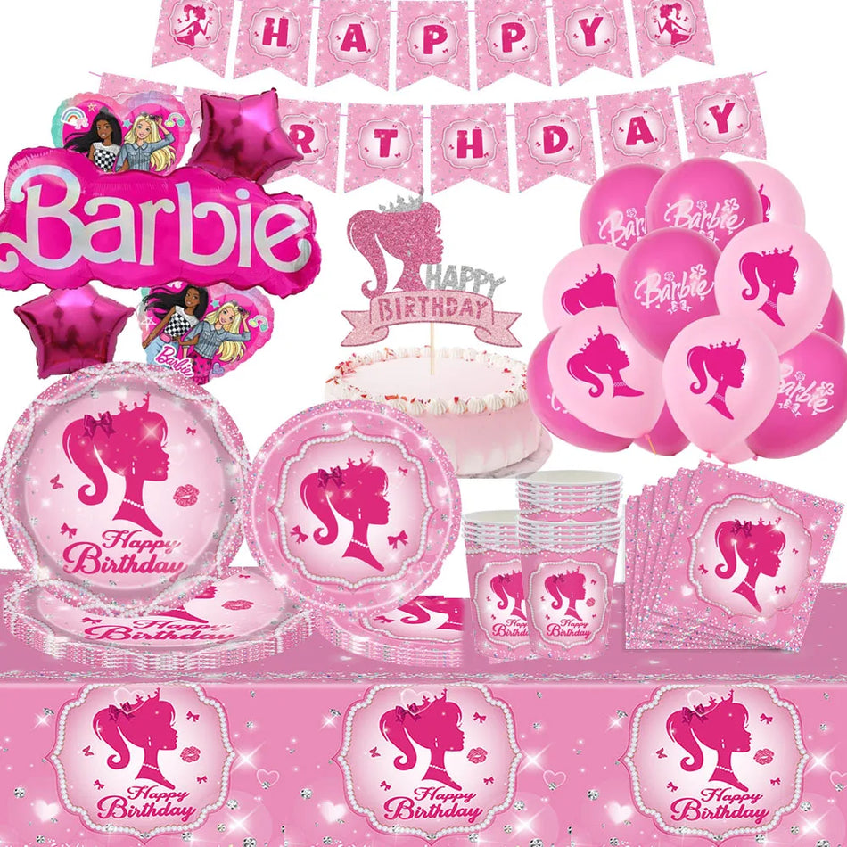🔵 Barbie Party Party Tableware Pink Princess Cartoon Girls Birthday Party Decoration Plate Plate Cup Hapkins Balloons Baby Super