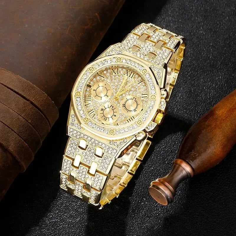 Luxury Hip Hop Quartz Watch for Men with Diamond Big Dial and Stainless Steel Band