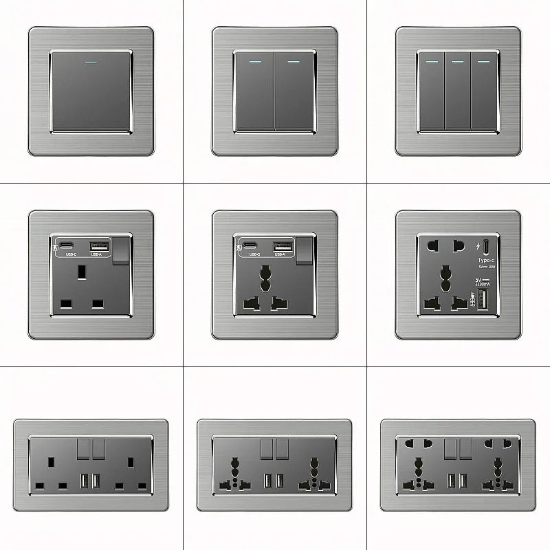 Grey Stainless Steel Metal Uk 13A Wall 220V Light Switch with Electrical Socket, Smart Type-c Fast Charging Wall USB C Socket