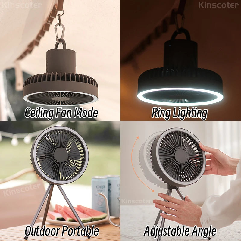 Portable Rechargeable Camping Fan with Power Bank and LED Lighting