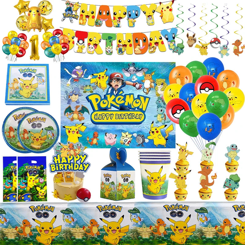 🔵 Pokemon Pikachu Party Decor Set - Plates Cups Tableware Backdrop Balloon - Cyprus