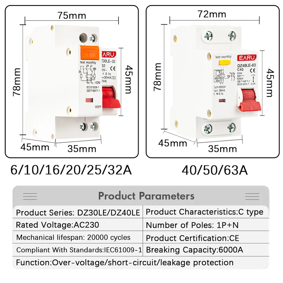 EARUELETRIC 230V 1P+N RCBO MCB مع حماية من الحمل الزائد والدائرة القصيرة، 6-63A