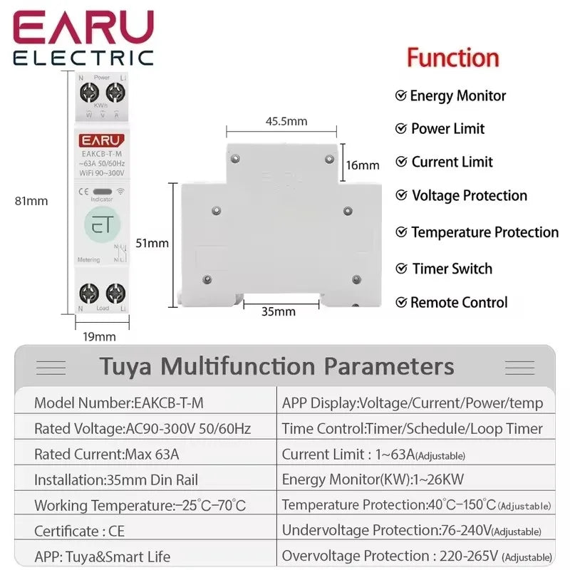 Tuya Ewelink 63A WiFi Smart Circuit Breaker mit Fernbedienung und Energieüberwachung