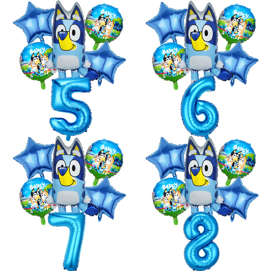 🔵 Blueys Birthday Decorative Ballons 6pcs Set Cute Cartoon Aluminum Foil Balloon Number Balloons Set Party Decoration Props Gift