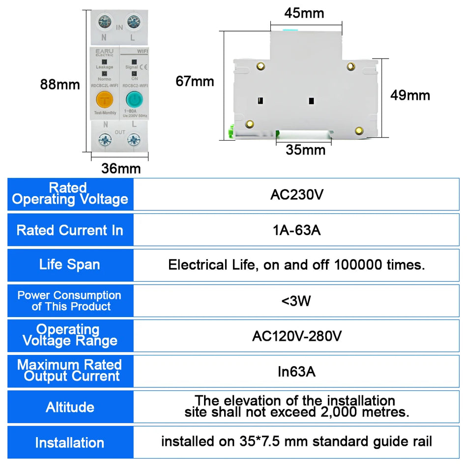 Ewelink Smart 2p 63A WiFi -Leistungsschalter mit Energiemessung und Fernbedienung