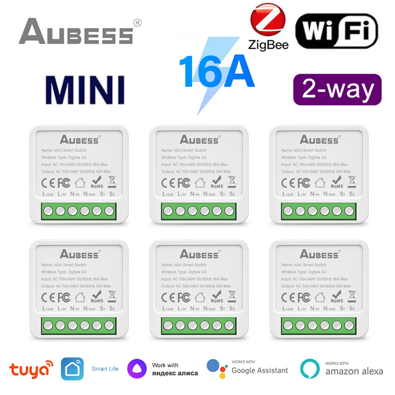 Tuya Zigbee / Wi -Fi Mini Smart Switch 2 Way Control 16A модуль Switch Module Tuya Smart Home Автоматизация работает с Alexa Google Home