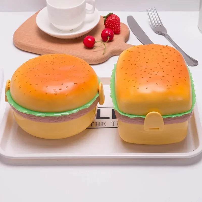 Hamburger Lunch Box Double Tier Cute Burger Bento Box Microwave Children School Food Container Fork Tableware Set