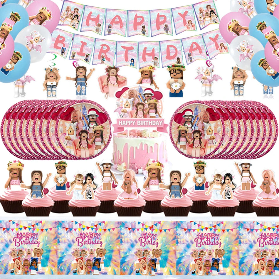 Pink Roblox Birthday Party Decoration Set - Einweggeschirr, Teller, Tassen, Servietten und Ballons